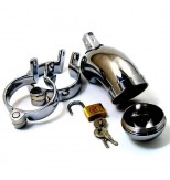 Cage de chastet&eacute; en chrom&eacute;e incurv&eacute;e + cadenas pour anneau testicules / type : CB3000