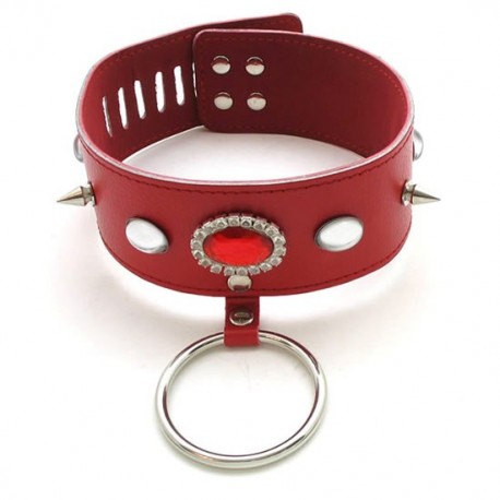 Collier en cuir avec elliptoid rouge, piques et anneau *** DISCONTINUED ***