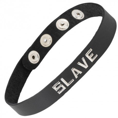 Collier ras du cou bondage en cuir : "Slave" argenté