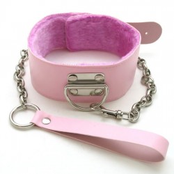 Collier + laisse en cuir et fourrure rose